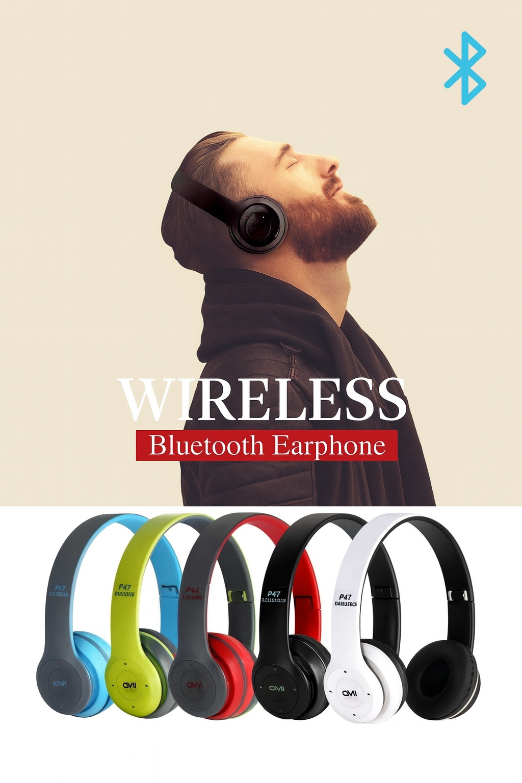 Foldable Wireless Bluetooth Headphones with Built-In Microphone – Stereo Sound