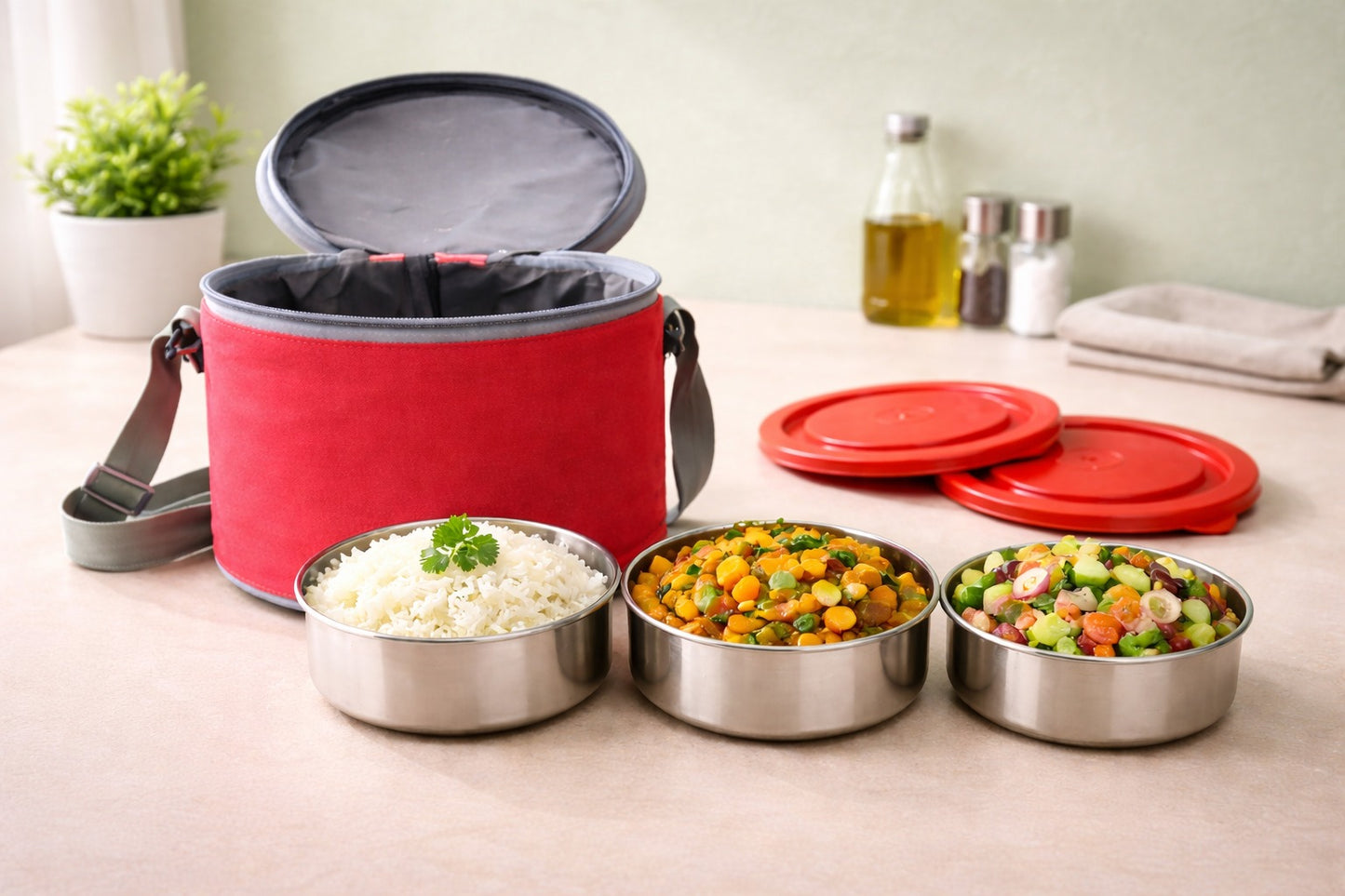 Round Lunch Box – 3 Bowl Set (200 ml Each) with Carry Bag