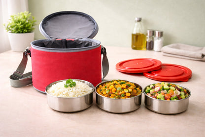 Round Lunch Box – 3 Bowl Set (200 ml Each) with Carry Bag