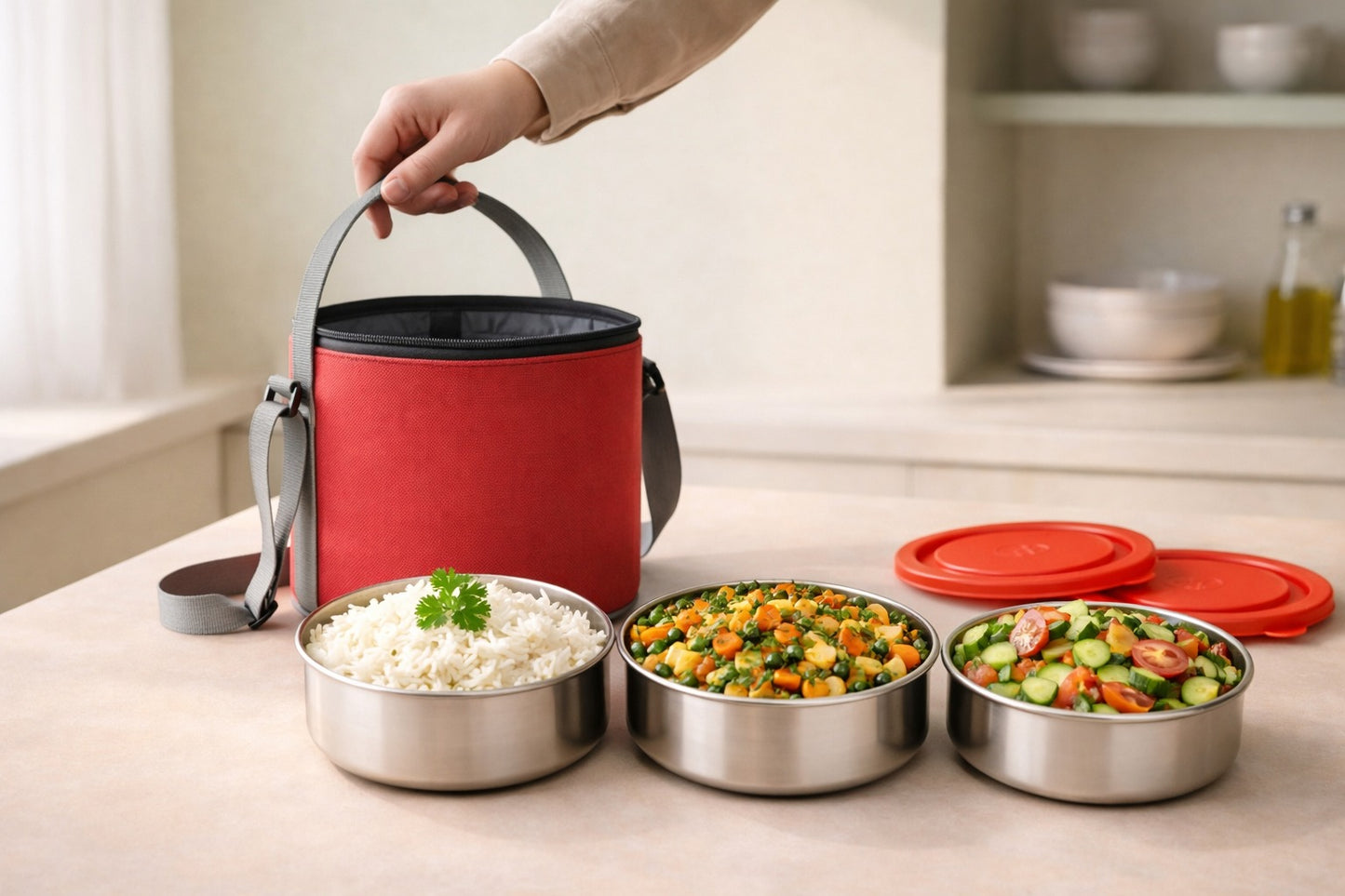 Round Lunch Box – 3 Bowl Set (200 ml Each) with Carry Bag